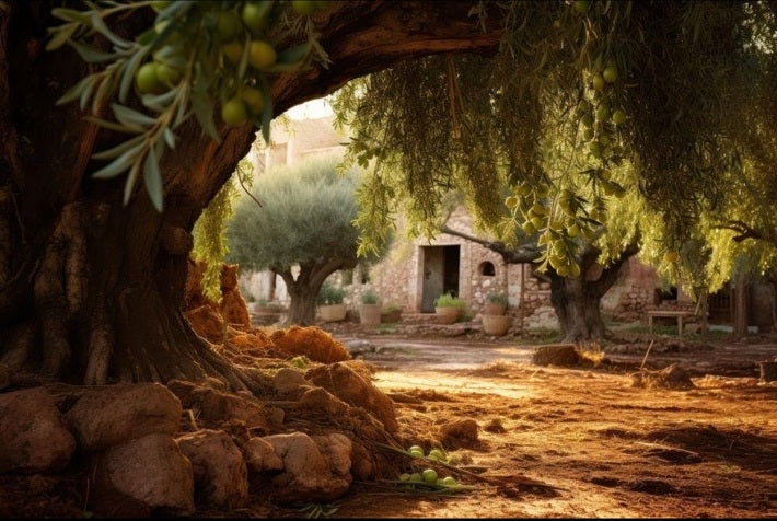 Arbres et bâtisse de pierre dans une lumière méditerranéenne